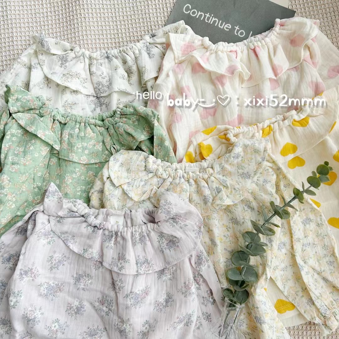 日单cottoli小木马纯棉纱布花边领可爱收脚碎花爱心家居服套装女