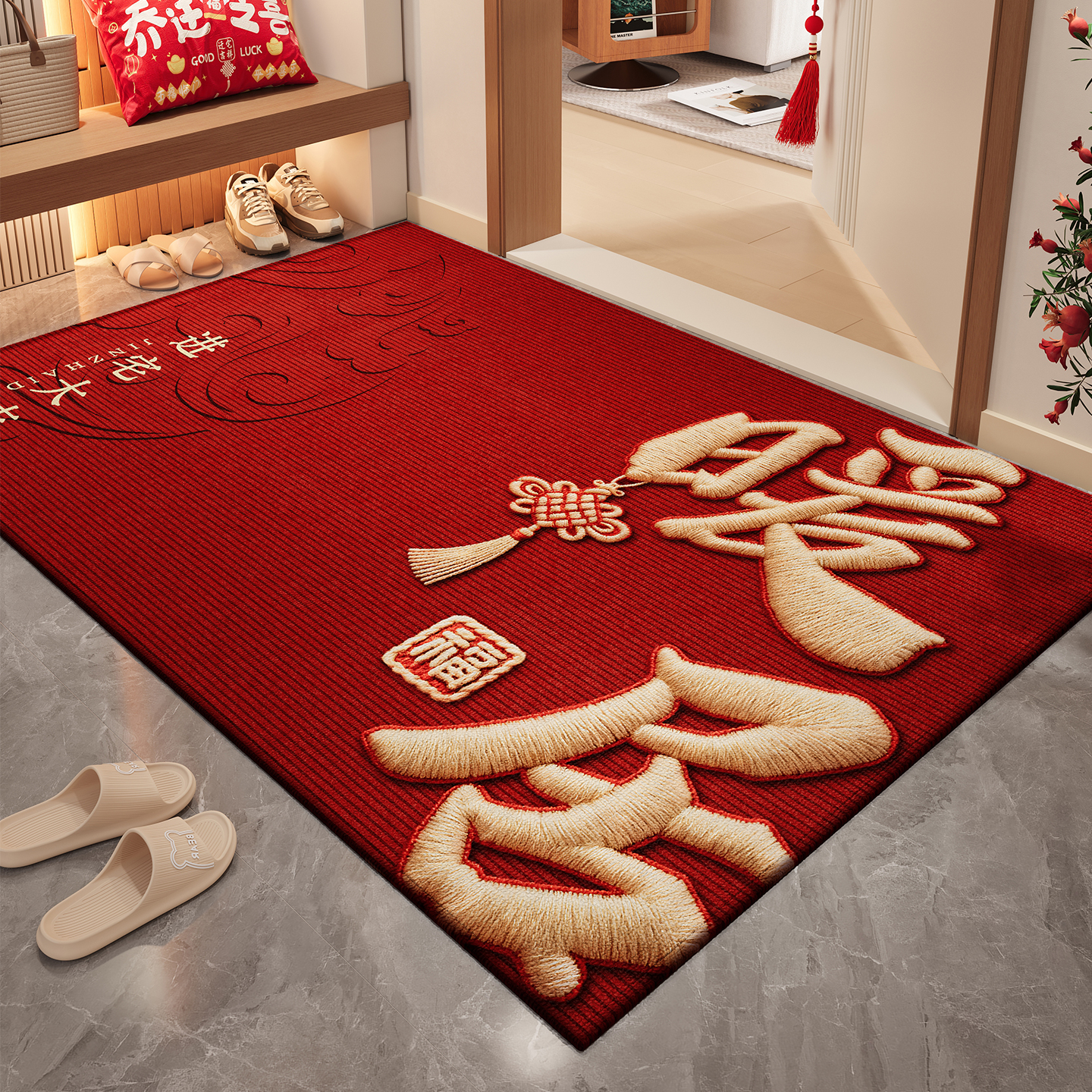 2025新款喜庆入户门地垫圈绒红色