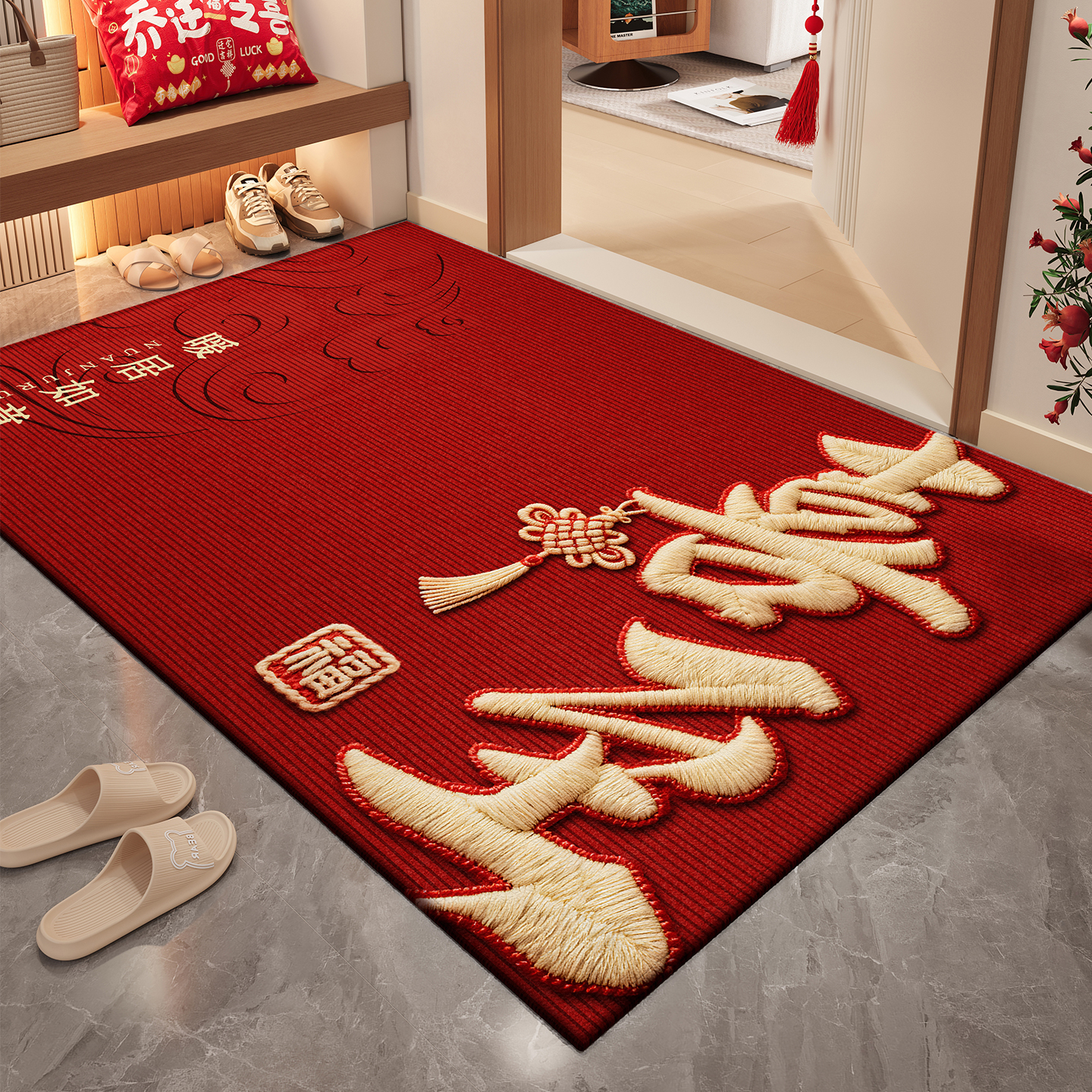 2025新款喜庆入户门地垫圈绒红色