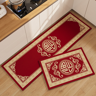 新年专用厨房地垫防滑防油可擦免洗耐脏2025新款 喜庆长条红色脚垫