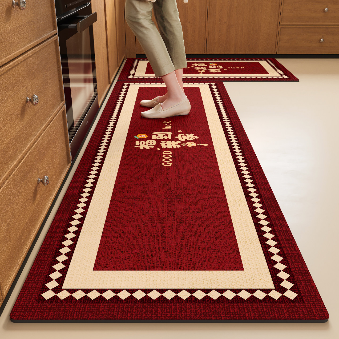厨房防滑防油地垫新年喜庆红色地毯2026马年新款免洗硅藻泥踩脚垫,居家布艺,厨房地垫,淘宝优惠券,粉丝福利购,淘宝优惠卷