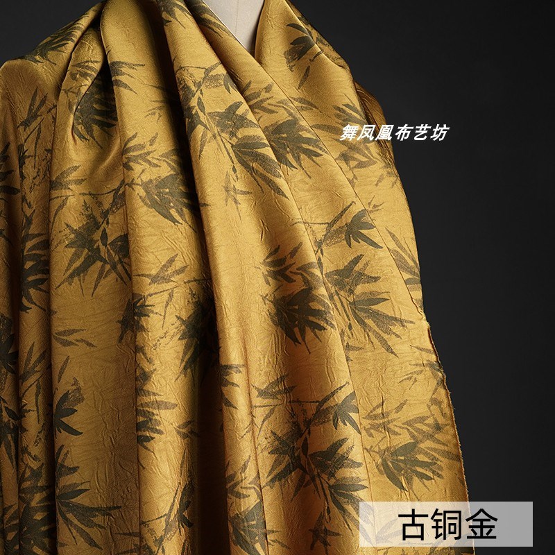 竹子仿醋酸面料 中国风黑色撒金绸缎古铜金柔软垂感旗袍半裙布料