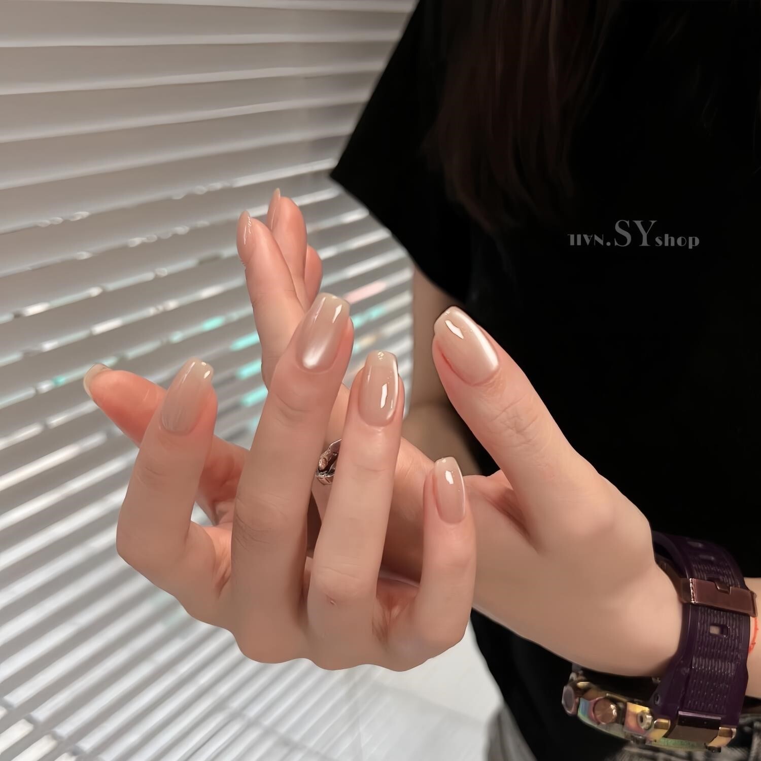 纯手工穿戴甲裸色玻璃珠高级感