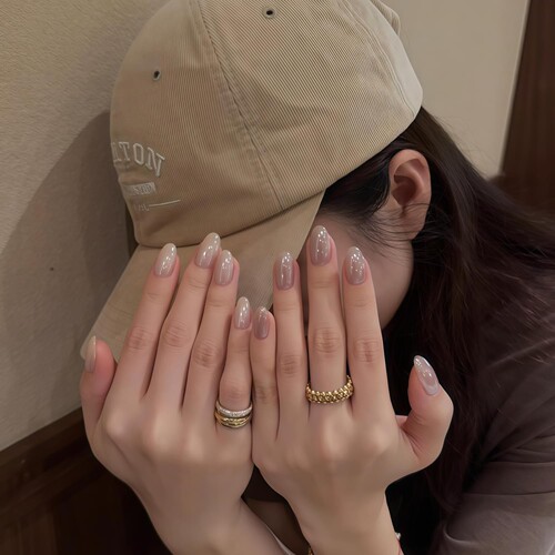 Hailey海莉同款欧美气质裸咖色月光珍珠极光穿戴甲纯手工光疗婚甲