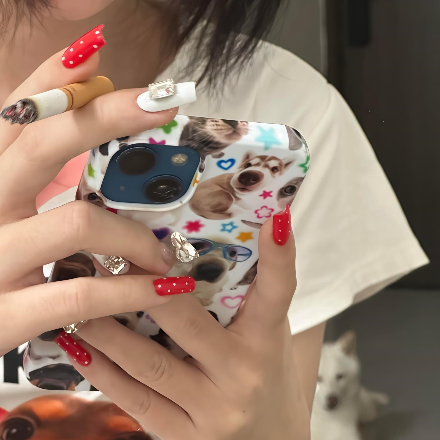 纯手工穿戴甲富家千金红色方钻美甲贴片爆闪花环钻指甲显白高级感