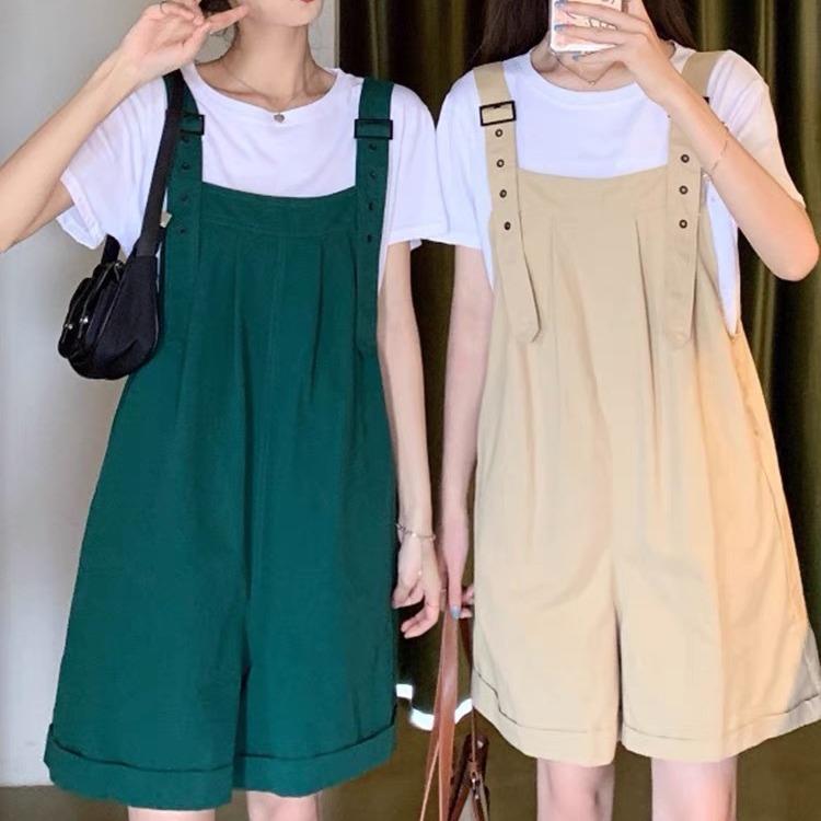 小个子时尚减龄背带裤女夏2023新款高腰显瘦吊带连体裤阔腿短裤潮