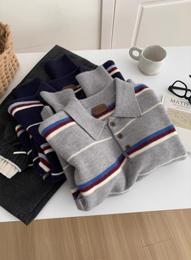 韩系领撞色休闲条纹针织衫女复古慵懒毛衣秋冬毛衣外套