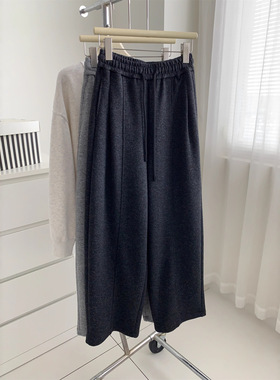 秋季韩版慵懒垂感弯刀裤女拼接直筒阔腿毛呢裤秋冬加厚拖地裤