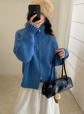 韩系麻花立领毛衣外套双拉链慵懒风宽松针织开衫女冬