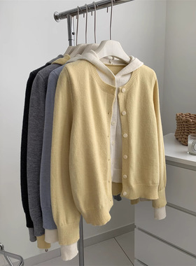 早秋新款假两件拼色连帽针织开衫女宽松软糯慵懒风女上衣开衫
