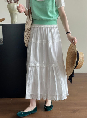 松紧腰白色裙子春夏新款字温柔风长裙蕾丝钩花半身裙