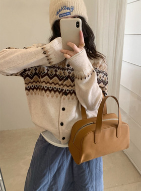 %全羊毛费尔岛毛衣开衫女秋冬韩版菱格濮院羊毛衫