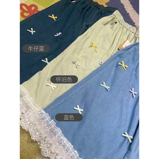 夏季森系新款小清新蕾丝牛仔女松紧腰蓝色休闲裤