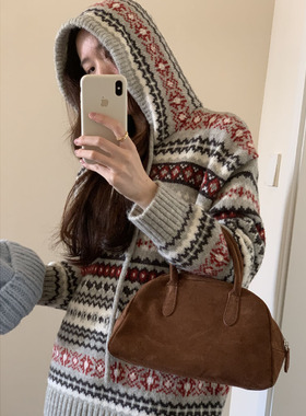 复古费尔岛连帽毛衣女秋冬宽松慵懒中长款套头针织上衣