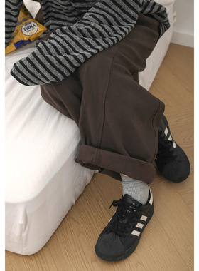 秋冬新品棉质高腰抓绒阔腿休闲裤加厚松紧腰百搭裤子