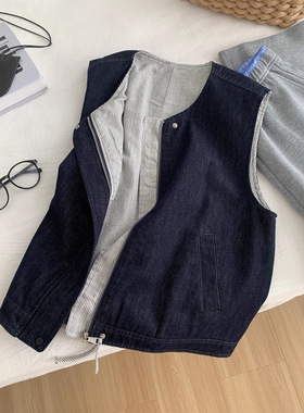 秋季叠穿复古丹宁色天丝棉牛仔马甲女条纹拼接圆领拉链衫外套