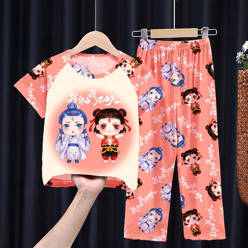 哪吒新款儿童牛奶丝睡衣男女孩春夏短袖长裤套装家居薄款空调服