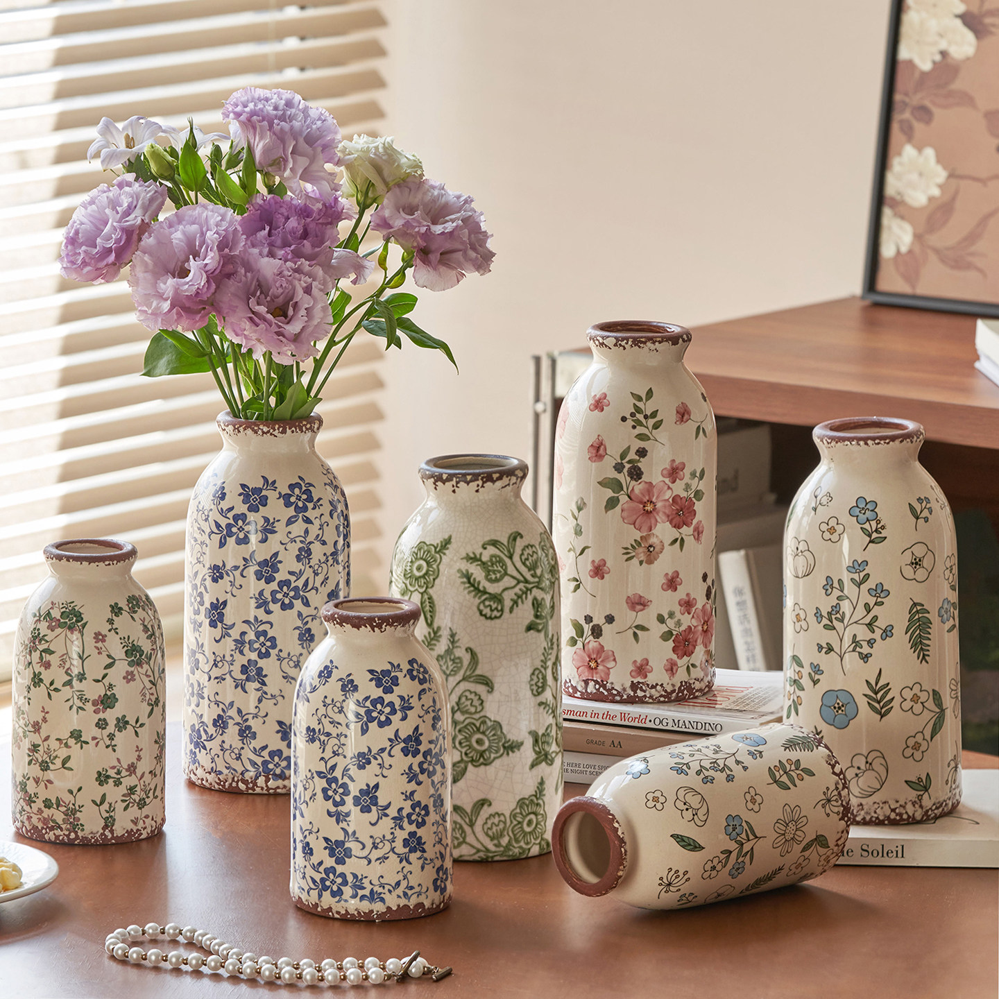 复古田园风陶瓷小花瓶摆件客厅餐桌插花干花小众高级感创意装饰品