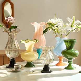 法式高脚琉璃花瓶摆件芬顿高级感客厅艺术插花花器餐桌浪漫装饰品