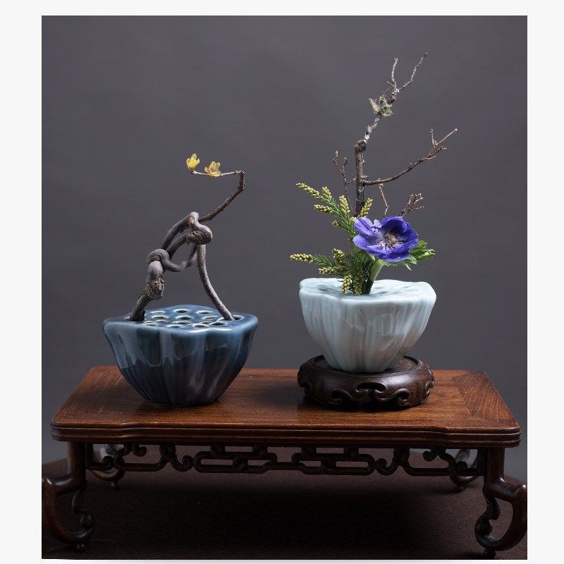 青瓷莲蓬插花器禅意中式花器插花器皿日式陶瓷小花瓶摆件神器花艺