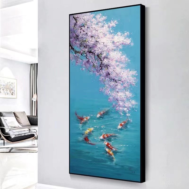 速发手绘油画九鱼图客厅装饰画卧室床头挂画美式玄关过道壁画图片