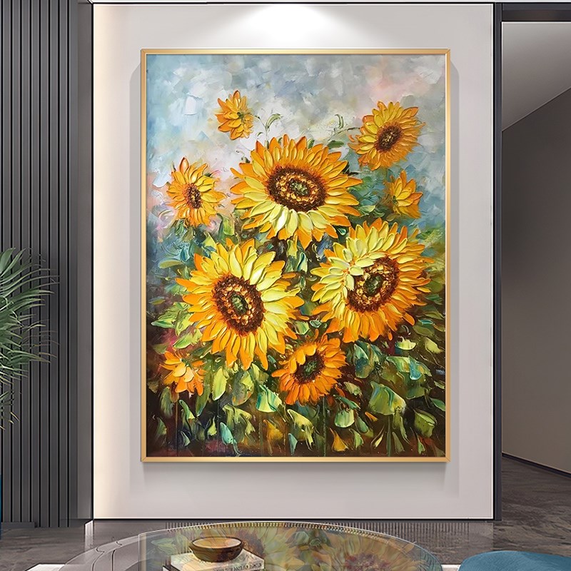 速发手绘入户玄关向日葵立体花卉油画客厅挂画轻奢走廊过道装饰画图片