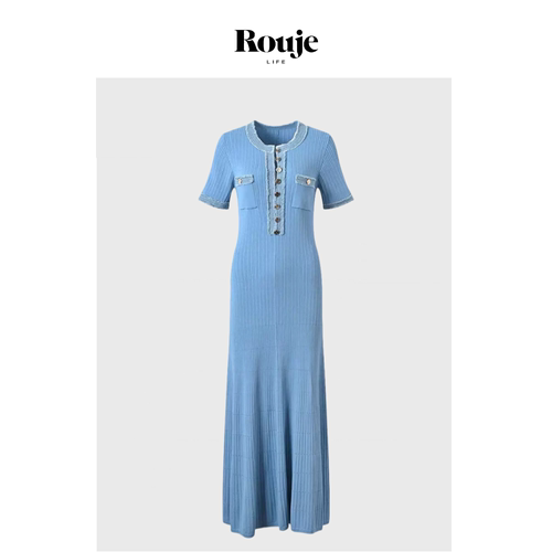 【现货】Rouje Life牛仔元素长裙24春季2色优雅修身针织连衣裙女