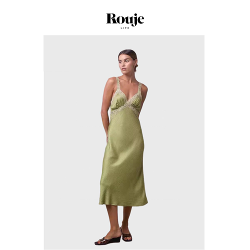 【现货】Rouje Life绿色条纹拼接蕾丝花边V领收腰露背吊带连衣裙
