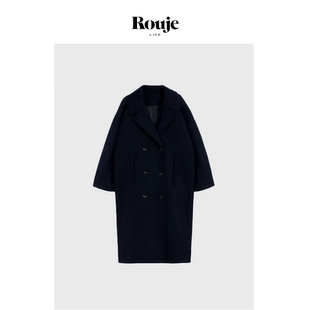 Life藏青色毛呢大衣落肩加厚保暖羊毛混纺长款 Rouje 外套 现货