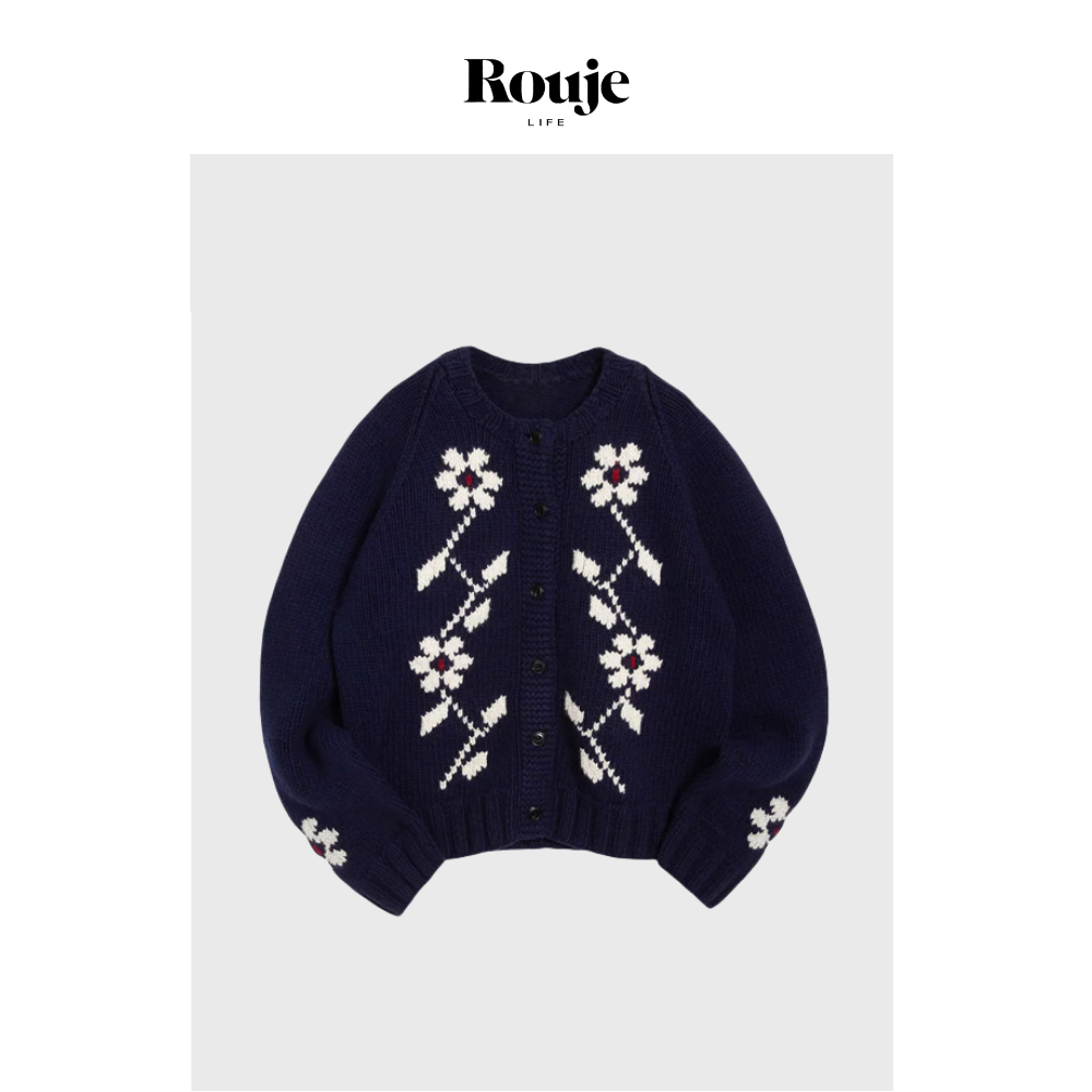 【现货】Rouje Life小清新绣花毛衣外套蓝色宽松软糯针织开衫上衣