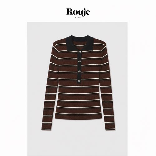 【现货】Rouje Life狠时髦！丹麦针织衫秋季复古棕色条纹翻领上衣