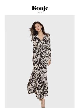 【现货】Rouje Life法式黑白花长袖鱼尾裙修身v领显瘦优雅连衣裙