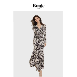 【现货】Rouje Life法式黑白花长袖鱼尾裙修身v领显瘦优雅连衣裙