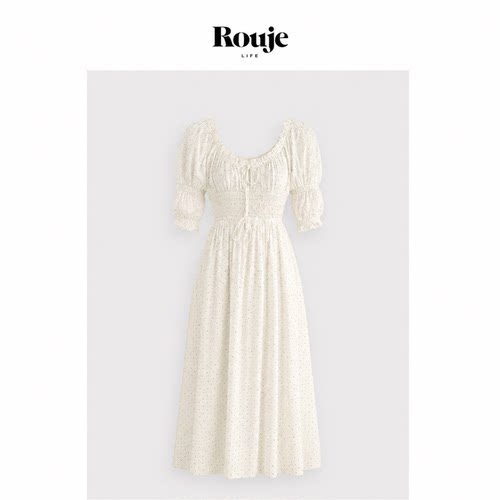 【现货】Rouje Life休闲波点印花高腰长裙 法式泡泡袖连衣裙