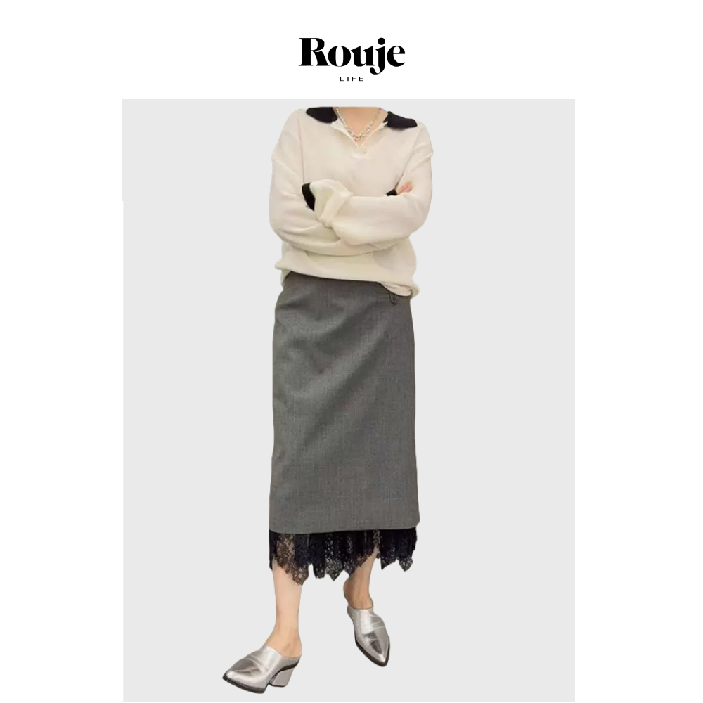【现货】Rouje Life设计师半裙秋冬气质知性温婉蕾丝双层拼接半裙