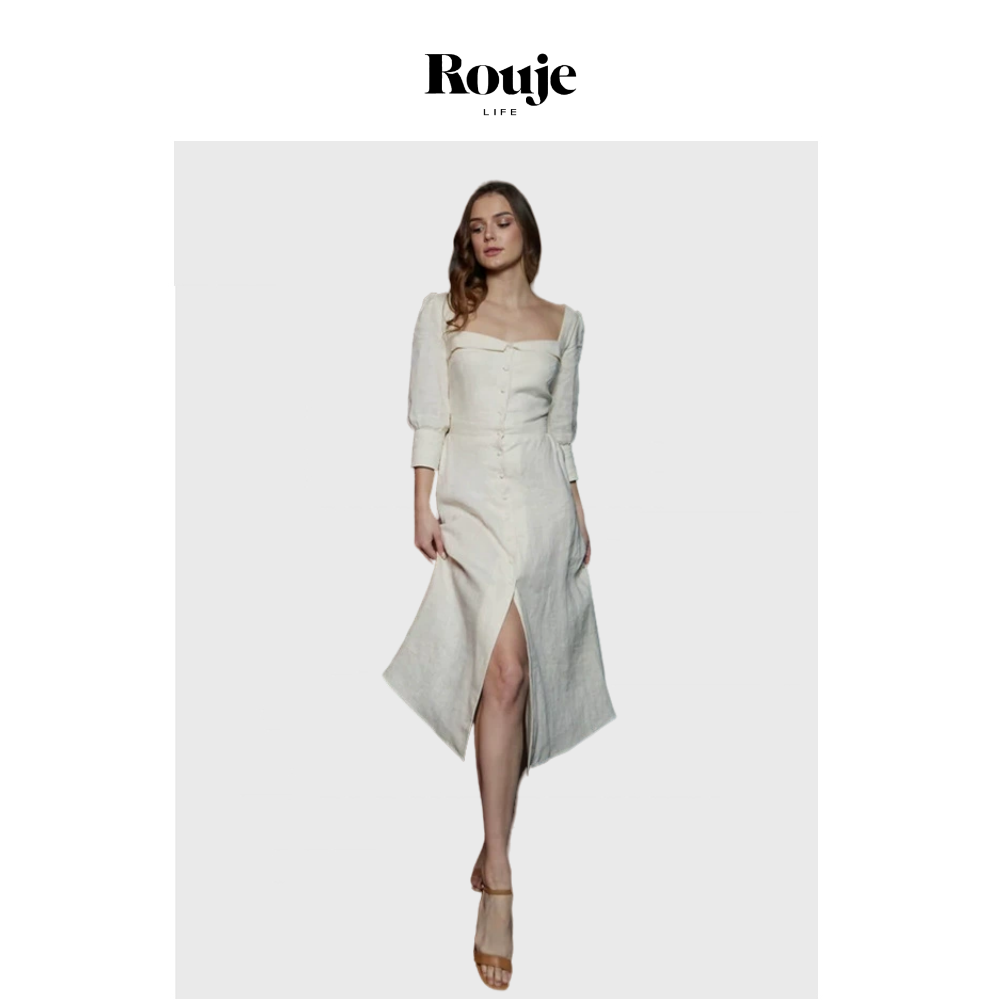 【现货】Rouje Life夏纯色亚麻绑带方领过膝中长款连衣裙子法式复
