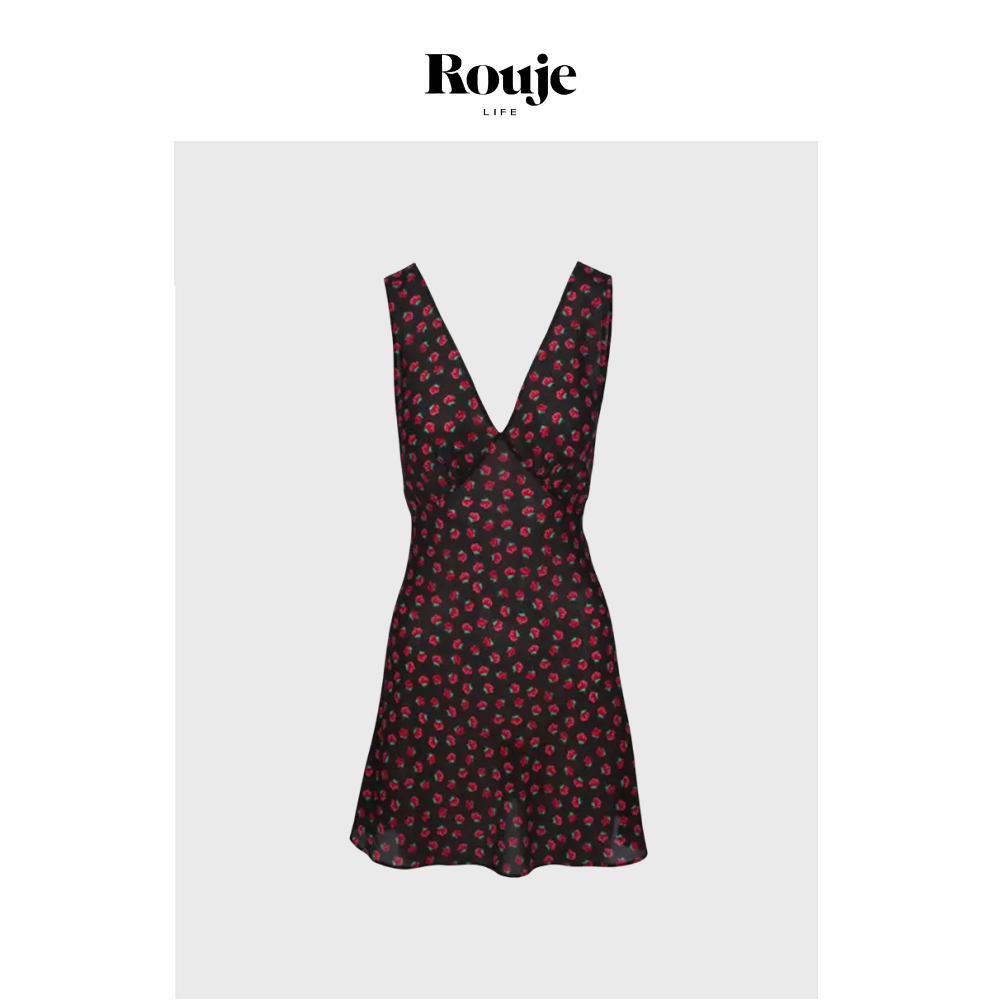 【现货】Rouje Life连衣裙迷你lu.meng玫瑰印花V领露背吊带短裙女