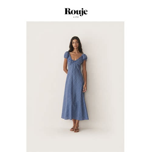 【现货】Rouje Life经典款！美国高腰长裙春季v领蓝色短袖连衣裙