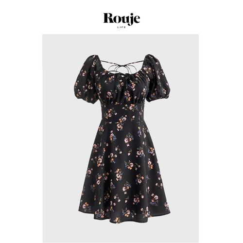 【现货】Rouje Life娜扎同款连衣裙法式方领系带泡泡袖收腰碎花裙