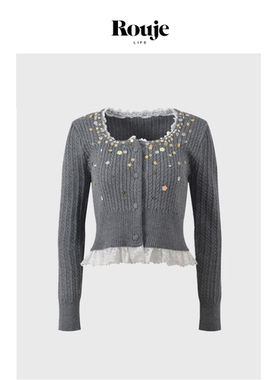 【现货】Rouje Life小众灰色假两件蕾丝拼接亮片钉珠针织开衫上衣