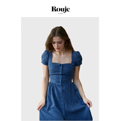 【现货】Rouje Life夏新款纯色方领短袖亚麻小众法式连衣裙复古女