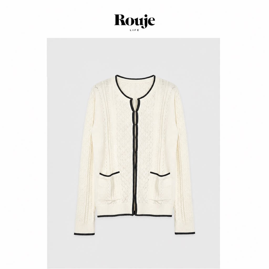 【现货】Rouje Life镂空针织开衫女毛衣外套宽松复古撞色麻花上衣