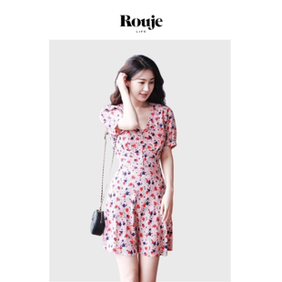 【现货】Rouje Life法式李菲儿同款连衣裙V领碎花复古收腰A字短裙