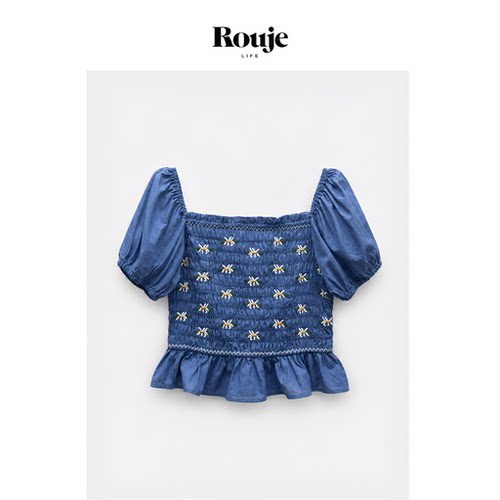 【现货】Rouje Life法式收腰重工刺绣花纹方领泡泡修身袖衬衫上衣