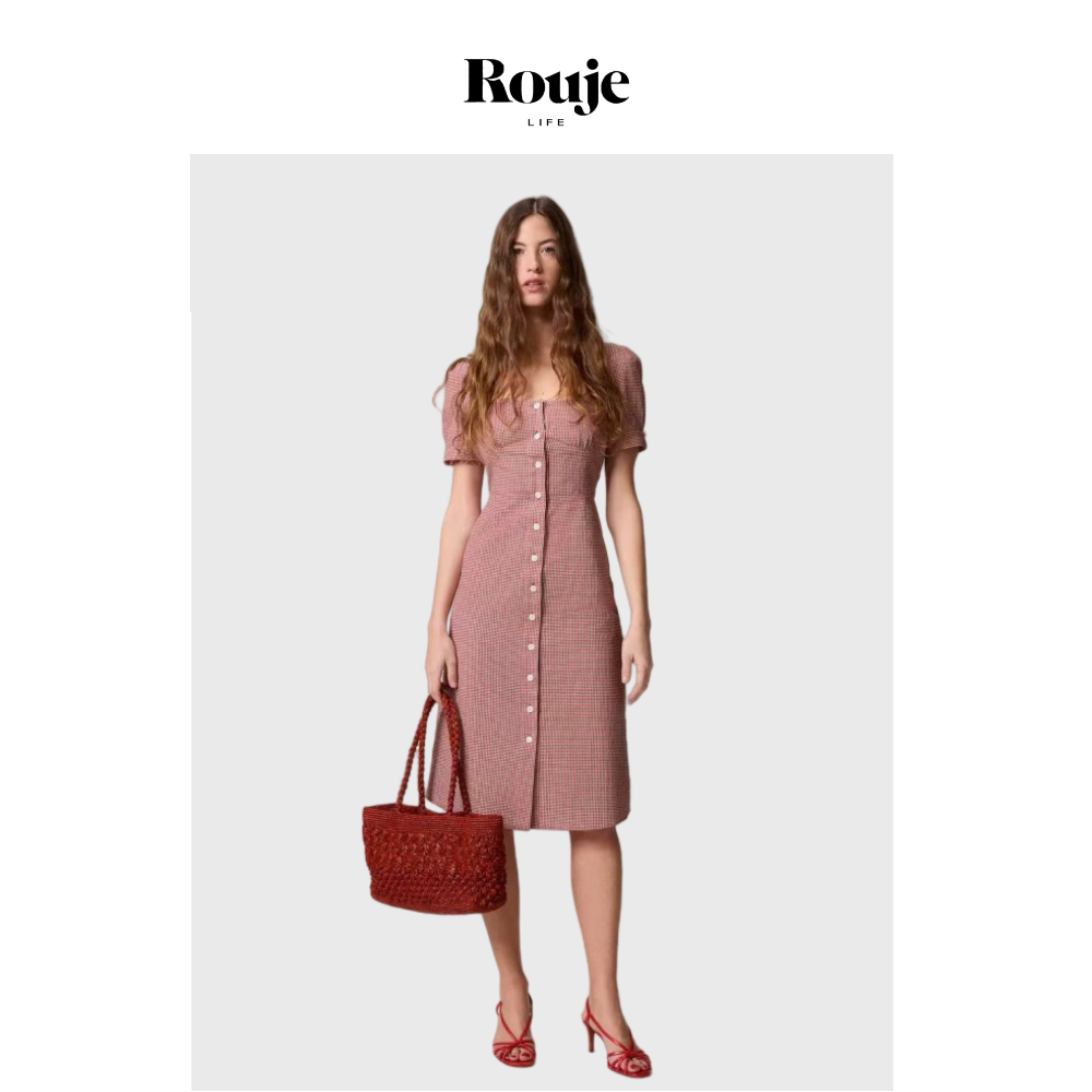 【现货】Rouje Life夏复古港风格纹印花方领修身显瘦泡泡袖连衣裙