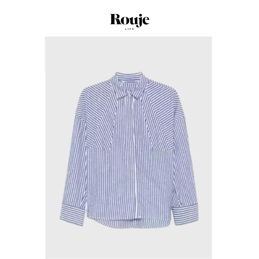 【现货】Rouje Life闪钻版条纹落肩衬衫24秋冬蓝色拼接设计感衬衣