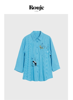 【现货】Rouje Life宋祖儿同款蓝色格子卡通刺绣衬衫宽松百搭上衣