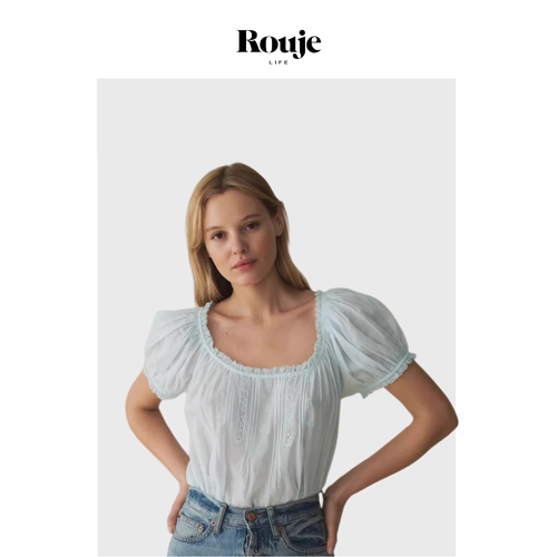 【现货】Rouje Life新复古淑女蕾丝花边刺绣上衣宽松泡泡短袖衬衣