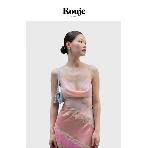 【现货】Rouje Life夏拼接粉色V领修身显瘦吊带中长款法式度假风