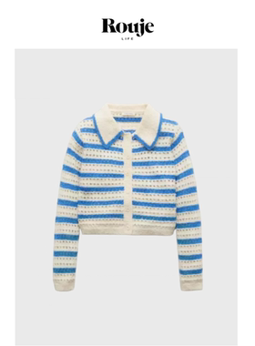 【现货】Rouje Life秋时尚镂空浪漫条纹提花翻领单排扣毛针织开衫